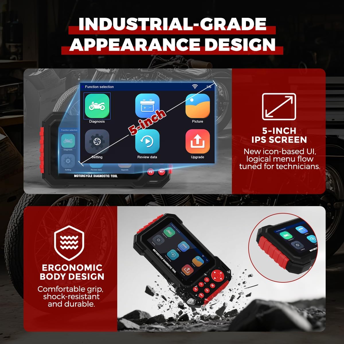 Motorfiets diagnostisch hulpmiddel, M7 volledig systeem motorfiets scangereedschap, motorfiets OBDII codelezer met Live Data Record/Auto Scan & Instant VLN-detectie/12 Langusges Compatibel voor Harley