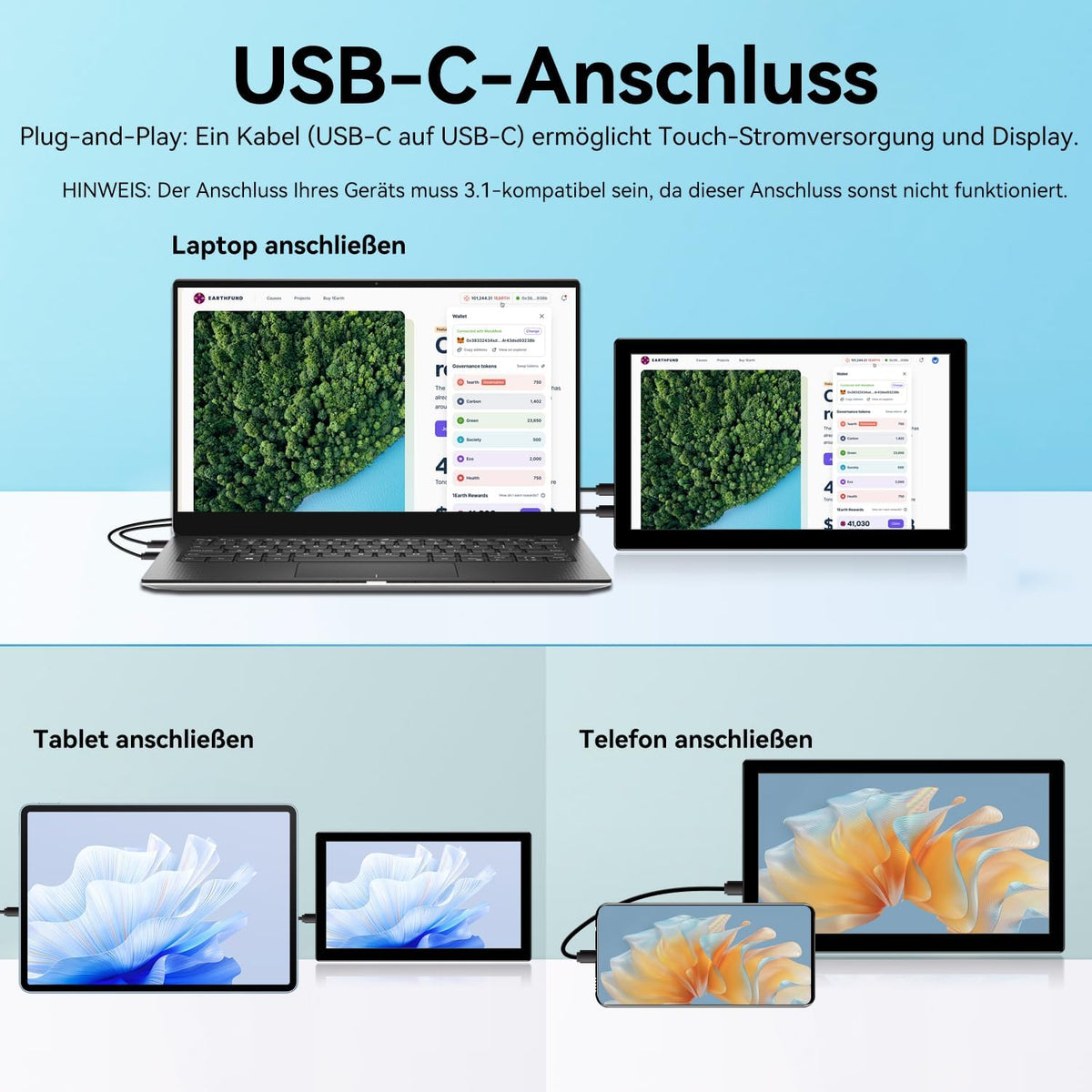 Portable Monitor, Touch Screen, 10.1 inch, IPS Screen, 1366 x 768P, 60Hz, 400 Brightness, 99% sRGB, HDMI, USB-C Monitor, Compatible with Xbox PS3/4/5, Laptop, Small Touchscreen, Portable Monitors - QUORE