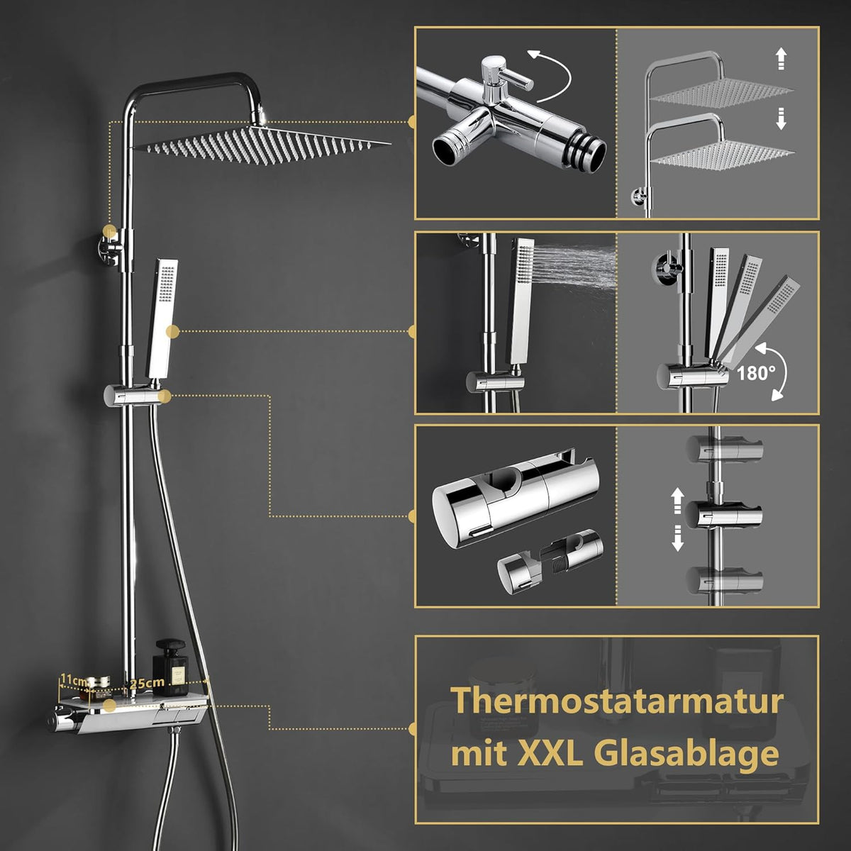 Regendouche – Doucheset – Douchekraan – Douchesysteem – Thermostaatkraan – RVS 304 Met Veiligheidsvergrendeling 38°C – Verstelbare Douchestang 74-114 cm