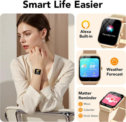 CASCHO Smartwatch voor dames, 1,85 inch smartwatch met bluetooth-oproepen/assistent, 120+ sportsmartwatch met stappenteller, slaap-/hartslagmeter, verguld en lichtroze