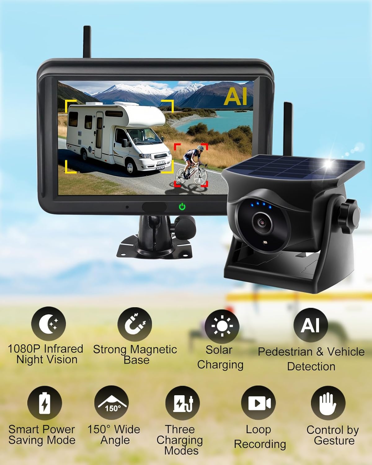 Magnetische zonne-aangedreven draadloze achteruitrijcamera: KI-voetganger- & voertuigherkenning, 1-min installatie, geen bedrading / boren, gebarenbediening, nachtzicht, 5 inch monitor voor campers