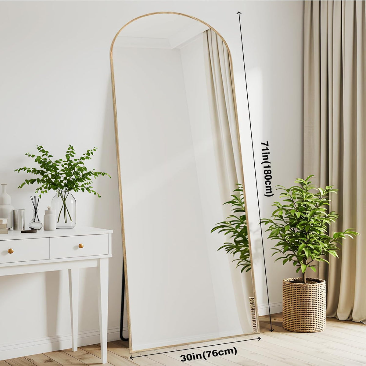 Vloerspiegel – Staande Spiegel – Passpiegel – Wandspiegel – Full Body Spiegel – 76 x 180 cm – Aluminium Frame Met Natuurlijk Houtnerf