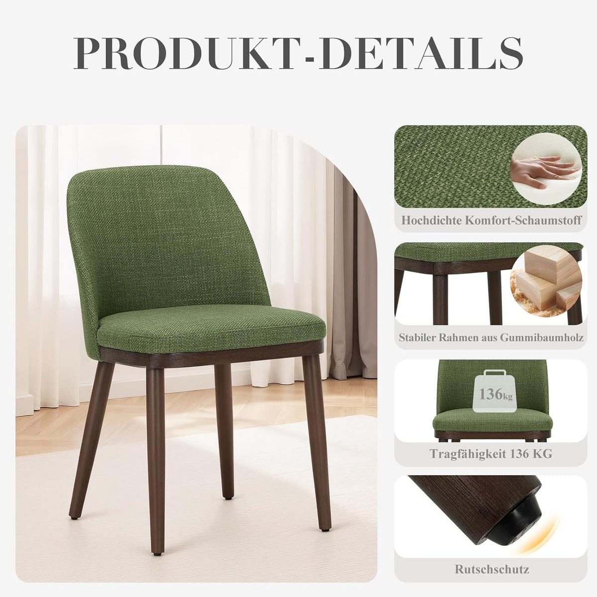 COLAMY Gevoerde eetkamerstoelen, set van 2, moderne keukenstoelen met rugleuning, stoffen stoel met houten poten voor eetkamer, keuken, restaurant, groen