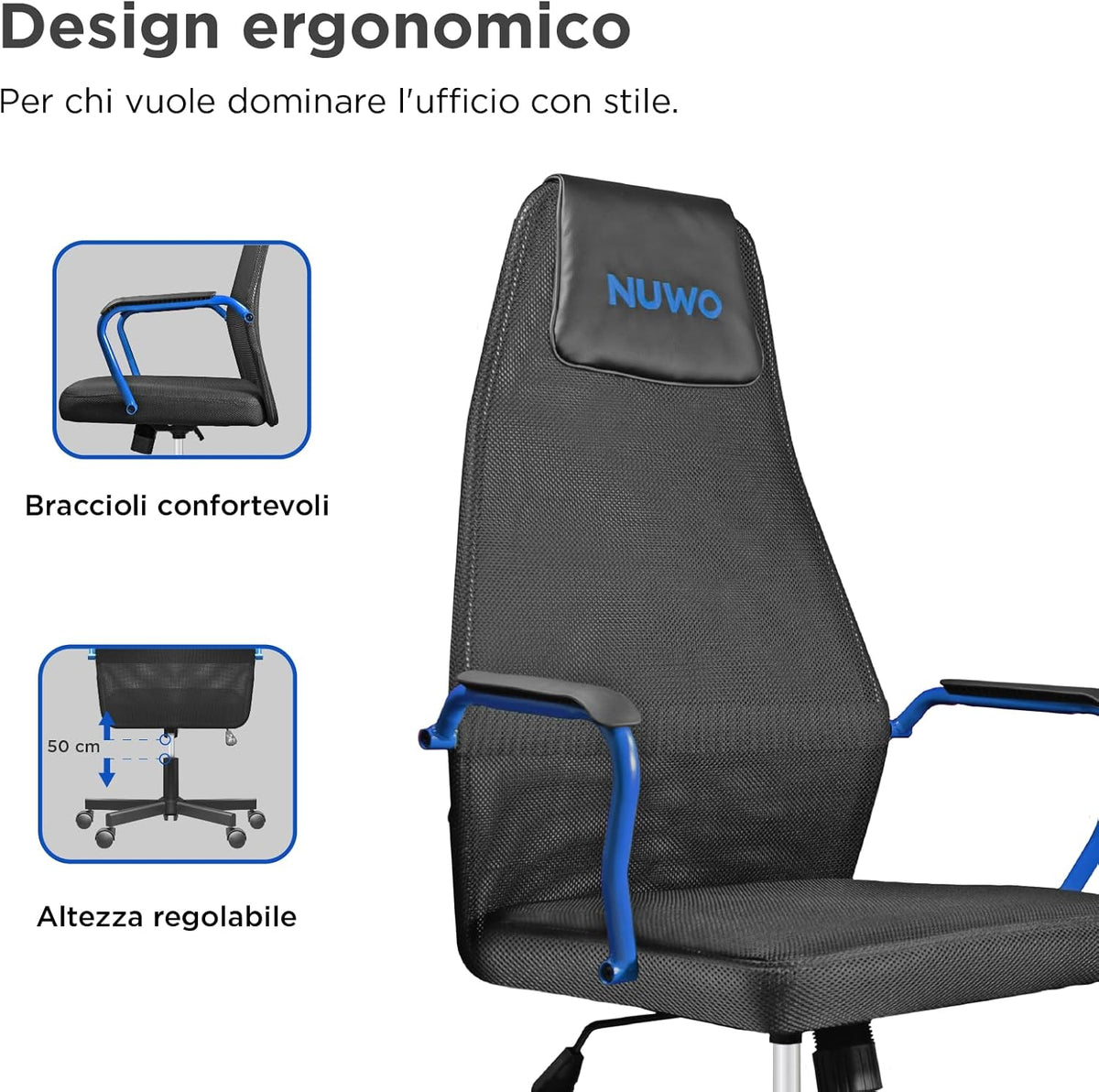 Nuwo Grid Gamingstoel, draaibaar, in hoogte verstelbaar, ergonomische bureau- en bureaustoel, ademende zitting en rugleuning, draagkracht 110 kg, blauw
