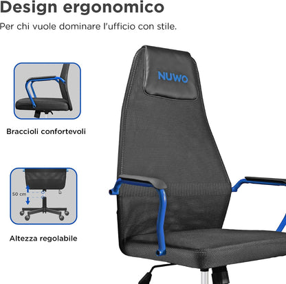 Nuwo Grid Gamingstoel, draaibaar, in hoogte verstelbaar, ergonomische bureau- en bureaustoel, ademende zitting en rugleuning, draagkracht 110 kg, blauw