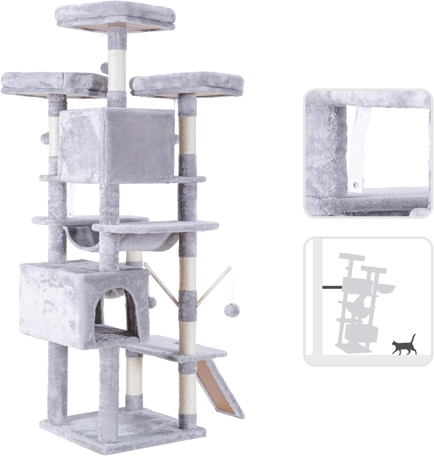 Krabpaal XXL voor Grote Katten – Kattentoren – Kattenboom – Kattenmeubel – Klimboom – Lichtgrijs – 180 cm Hoog – Met Groot Krabvlak en Sisaltouw