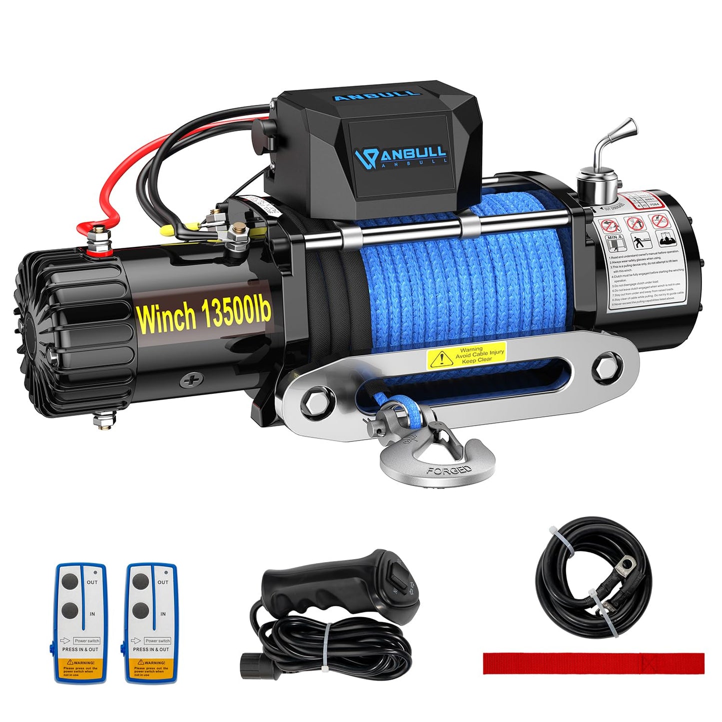 Anbull Elektrische kabellier, 12 V, 6136 kg, synthetische kabel, 9,5 mm x 26 m, IP67 waterdicht, nylon touw, geschikt voor quads, SUV's, vrachtwagens, bootaanhangers, pick-ups
