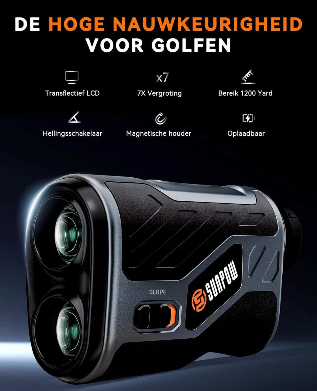 SUNPOW Golf Afstandsmeter met Helling, 1200 Yards, 7X Hoge Precisie Afstandsmeter Loep voor Golf & Jacht, Vlaggenstok Vergrendeling Trilling, Oplaadbare Afstandsmeter met Magnetische Strip