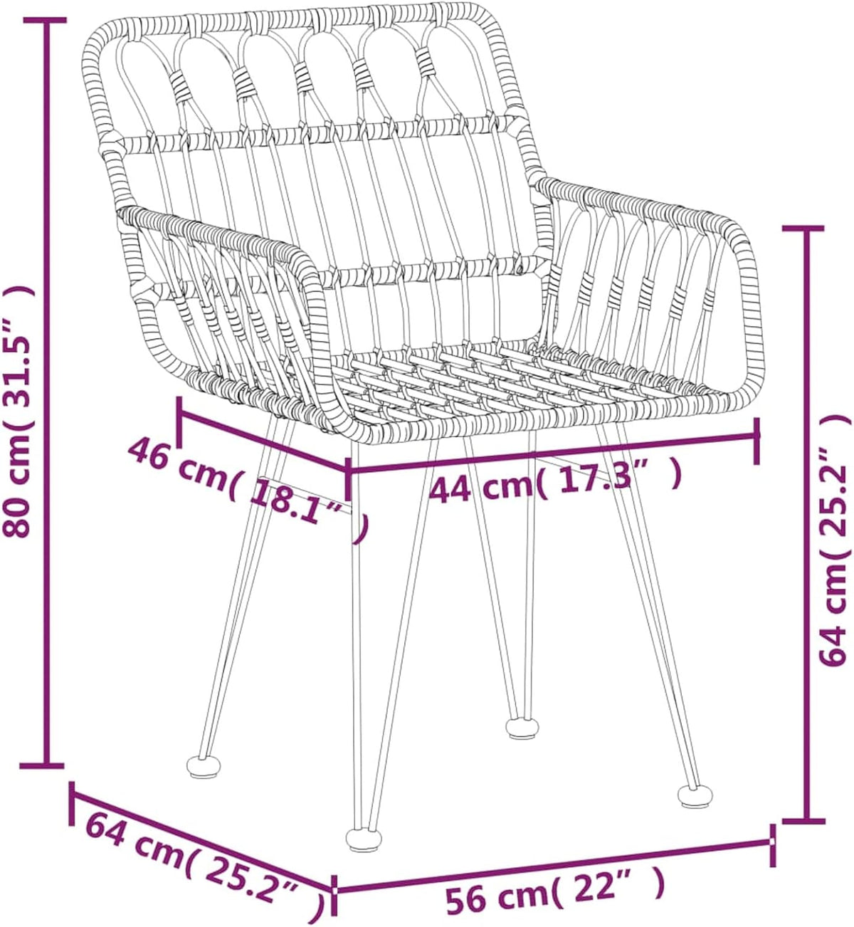 Stoel met armleuningen, stapelbare tuinfauteuil, tuinstoelen 2 stuks met armleuningen, zwart, 56 x 64 x 80 cm, PE rotan - QUORE