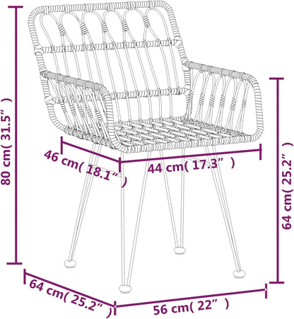 Stoel met armleuningen, stapelbare tuinfauteuil, tuinstoelen 2 stuks met armleuningen, zwart, 56 x 64 x 80 cm, PE rotan - QUORE