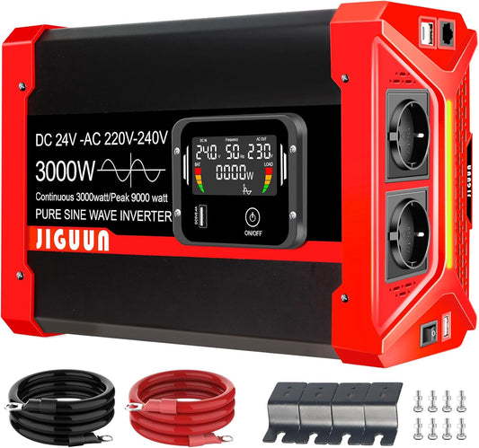 JIGUUN 3000W Omvormer 24V 230V Zuivere sinus Converter inverte met 2 EU stopcontacten & 3 USB+Tycp-C poorten, afneembare afstandsbediening en LCD display Piekvermogen 9000W