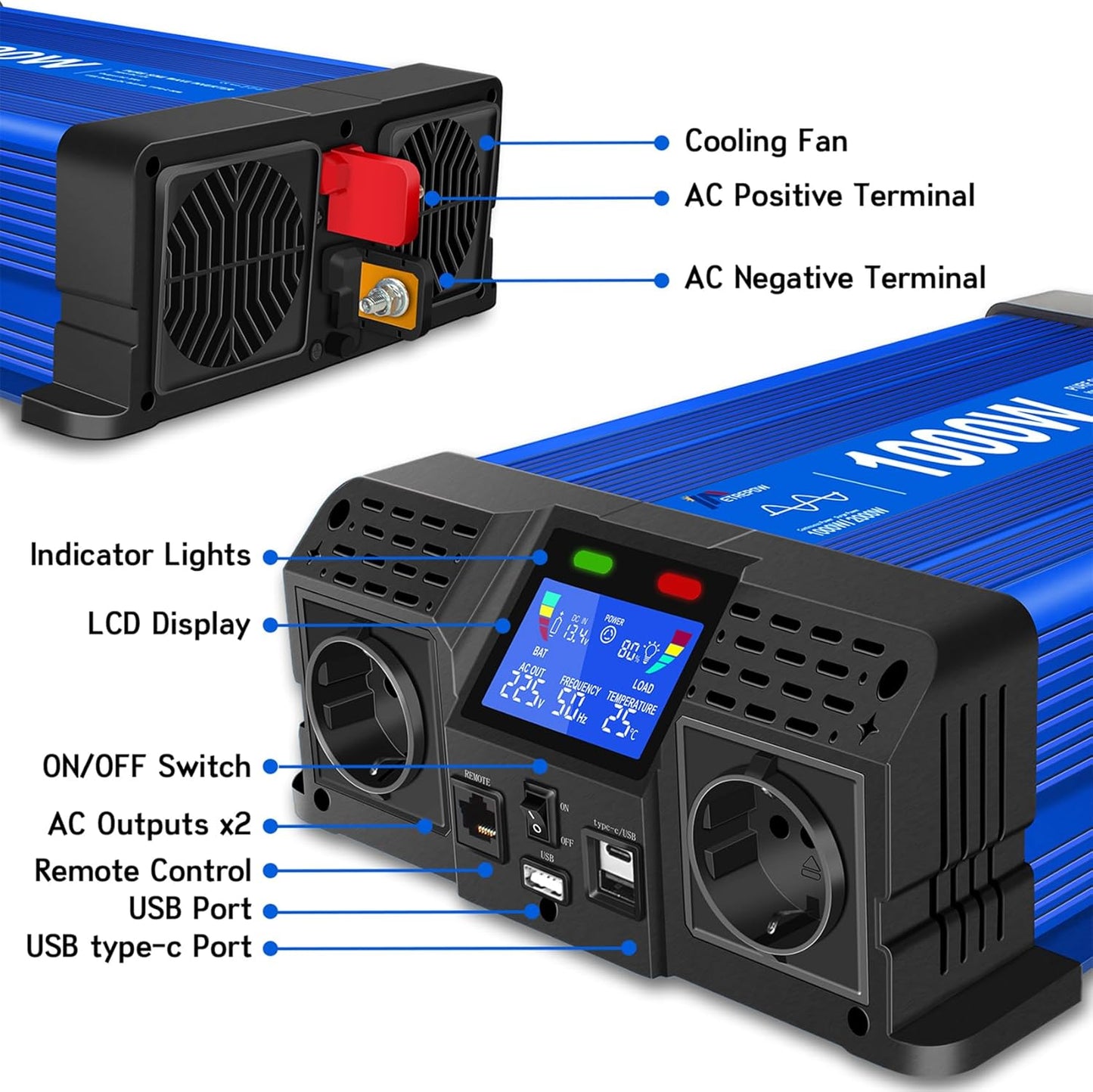 Omvormer 12v naar 230v Zuivere Sinus 1000W Spanningsomvormer 12v 230v Stroomomvormers 12v-220v Auto Omvormer