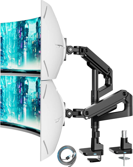 ARES WING Dubbele monitorarm monitorhouder voor 17-49 inch ultrabreed, verstelbare tafelinstallatie met verticale gasveren, USB A/C-poorten, 360° rotatie, 180 ° draaibaar, kantelbaar, ergonomisch