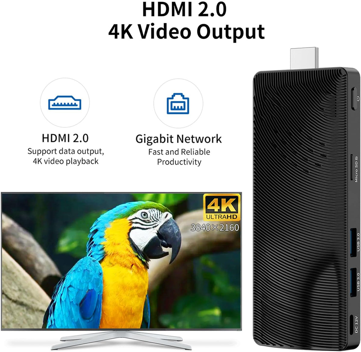 Fanless Mini PC Stick, Intel Celeron J3455 Quad-Core 1,5-2,3 GHz, 4 GB RAM 64 GB eMMC, Dual Gigabit Ethernet, 4K 60Hz HDMI, WiFi BT 5.0, USB 3.0 x2, Win 10 Pro voor zakelijke, industriële en