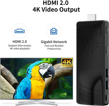 Fanless Mini PC Stick, Intel Celeron J3455 Quad-Core 1,5-2,3 GHz, 4 GB RAM 64 GB eMMC, Dual Gigabit Ethernet, 4K 60Hz HDMI, WiFi BT 5.0, USB 3.0 x2, Win 10 Pro voor zakelijke, industriële en