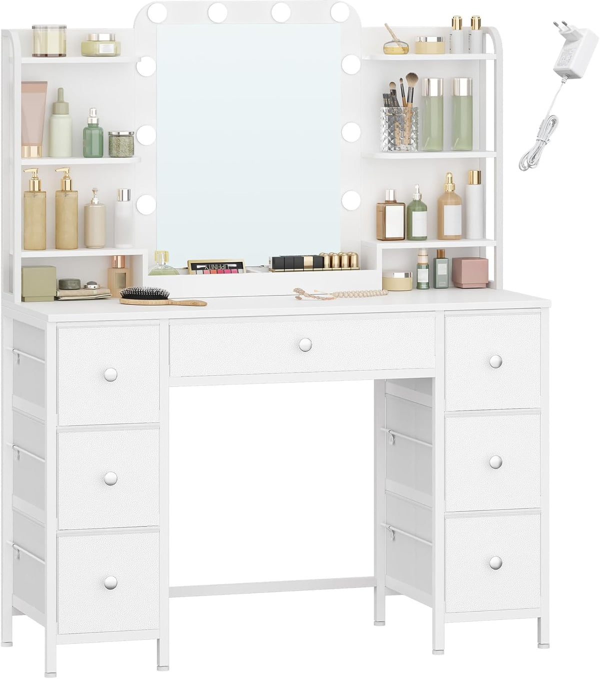 Hzuaneri LED Makeup Table, Vanity Table with Large HD Mirror, 7 Drawers and 6 Storage Compartments, Dressing Table for Bedroom, Modern White DT42303XEU