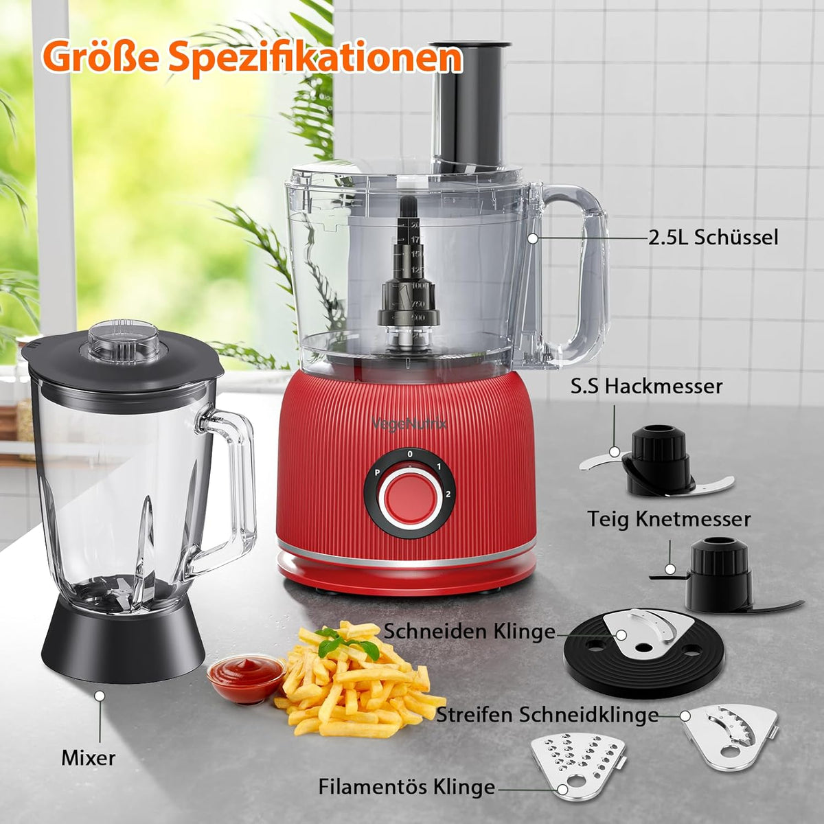 Keukenmachine en mixer combinatie, 2,5 l hakmolen voor vlees, groenten en deeg, 2 l blender met 1500 W glazen reservoir, 2 snelheden en pulsfunctie voor smoothies, voedingsstoffenextractie enz.