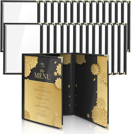 Flexzion Menuhouder 23,9 cm x 31,5 cm - Drievoudig gestikte menuhoezen met doorzichtig PVC, zwarte binding en gouden hoeken, drievoudig 3 pagina's 6 weergaven menuboek voor restaurant, café, bar en