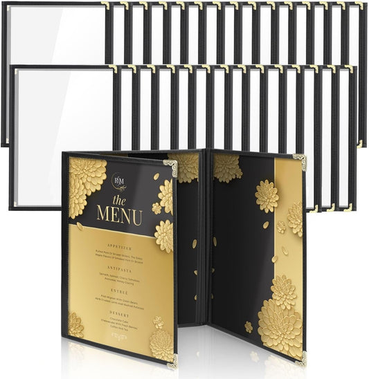 Flexzion Menuhouder 23,9 cm x 31,5 cm - Drievoudig gestikte menuhoezen met doorzichtig PVC, zwarte binding en gouden hoeken, drievoudig 3 pagina's 6 weergaven menuboek voor restaurant, café, bar en