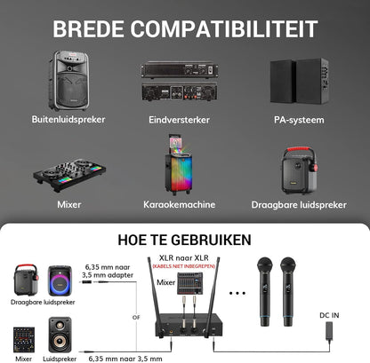 Draadloos microfoonsysteem – Draadloze microfoon, microfoonset, karaoke microfoon, set van 2 – Auto-Scan & IR-Koppeling – Bereik Tot 100 Meter