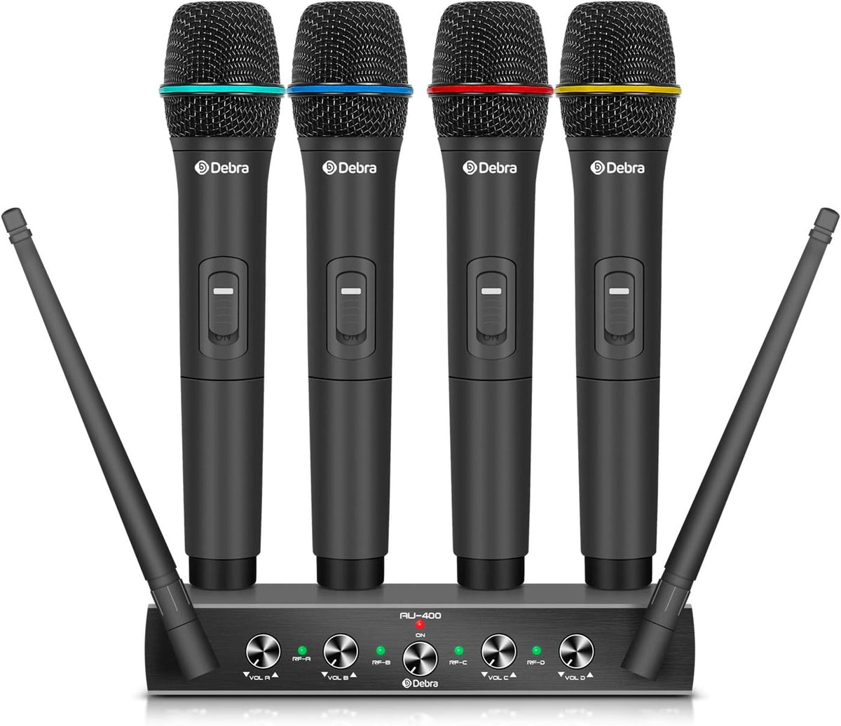 D Debra Audio AU400 PRO UHF 4-kanaals draadloos microfoonsysteem, draadloze handheld dynamische karaokemicrofoon met ontvanger voor zingen, bruiloft, DJ, feest, spraak, kerk