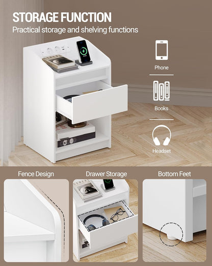 Hzuaneri Bedside Table with LED Light, Side Table with Charging Station, 1 Storage Drawer, Bedside Table for Bedroom, Living Room, 2 USB Ports, 2 Sockets, Set of 2, White NS09003X