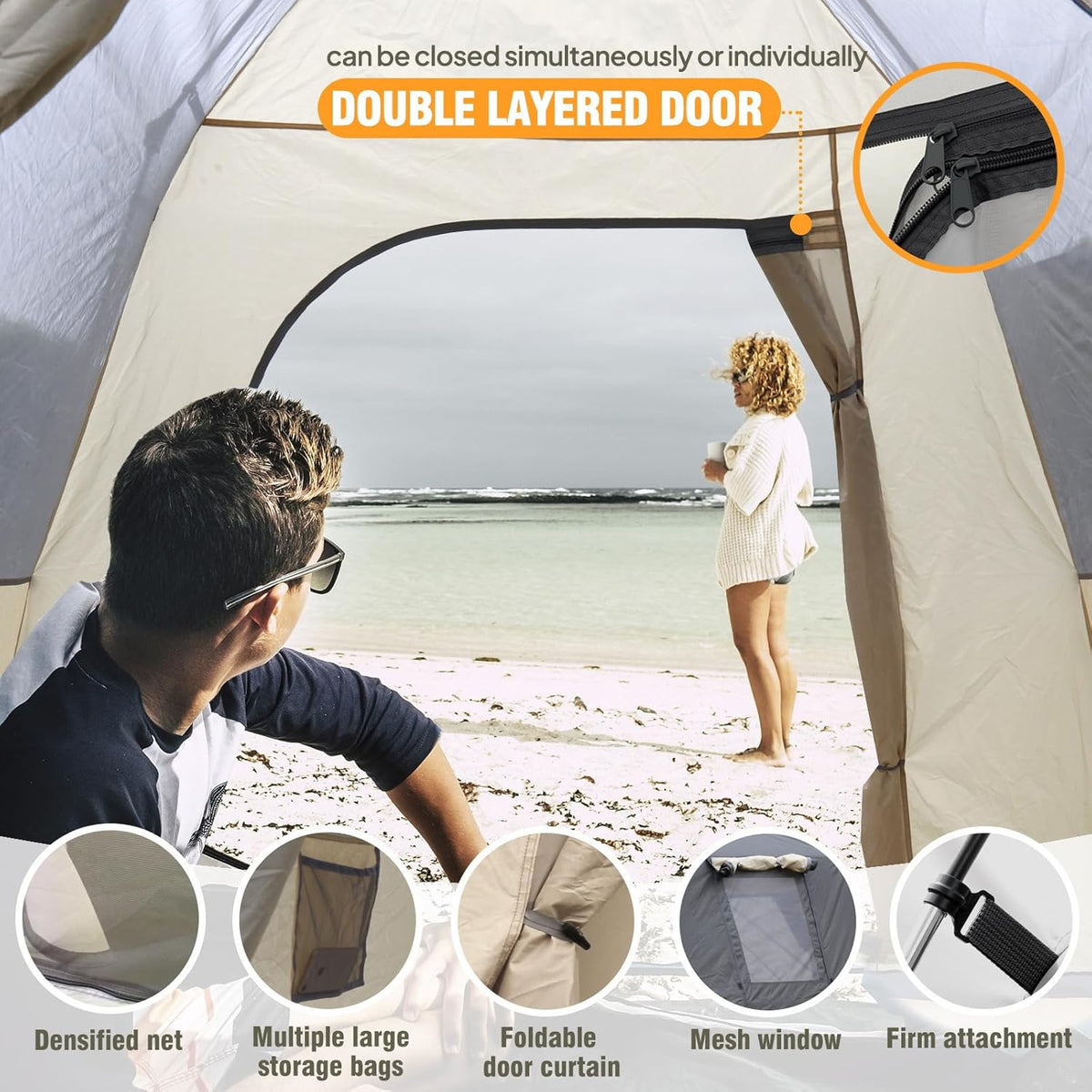 Chihee Campingtent, draagbare pop-up tent, familietent 2 deuren, onmiddellijke installatie, grote weerbestendige tent, 4 seizoenen tent met afgeschermde voortent