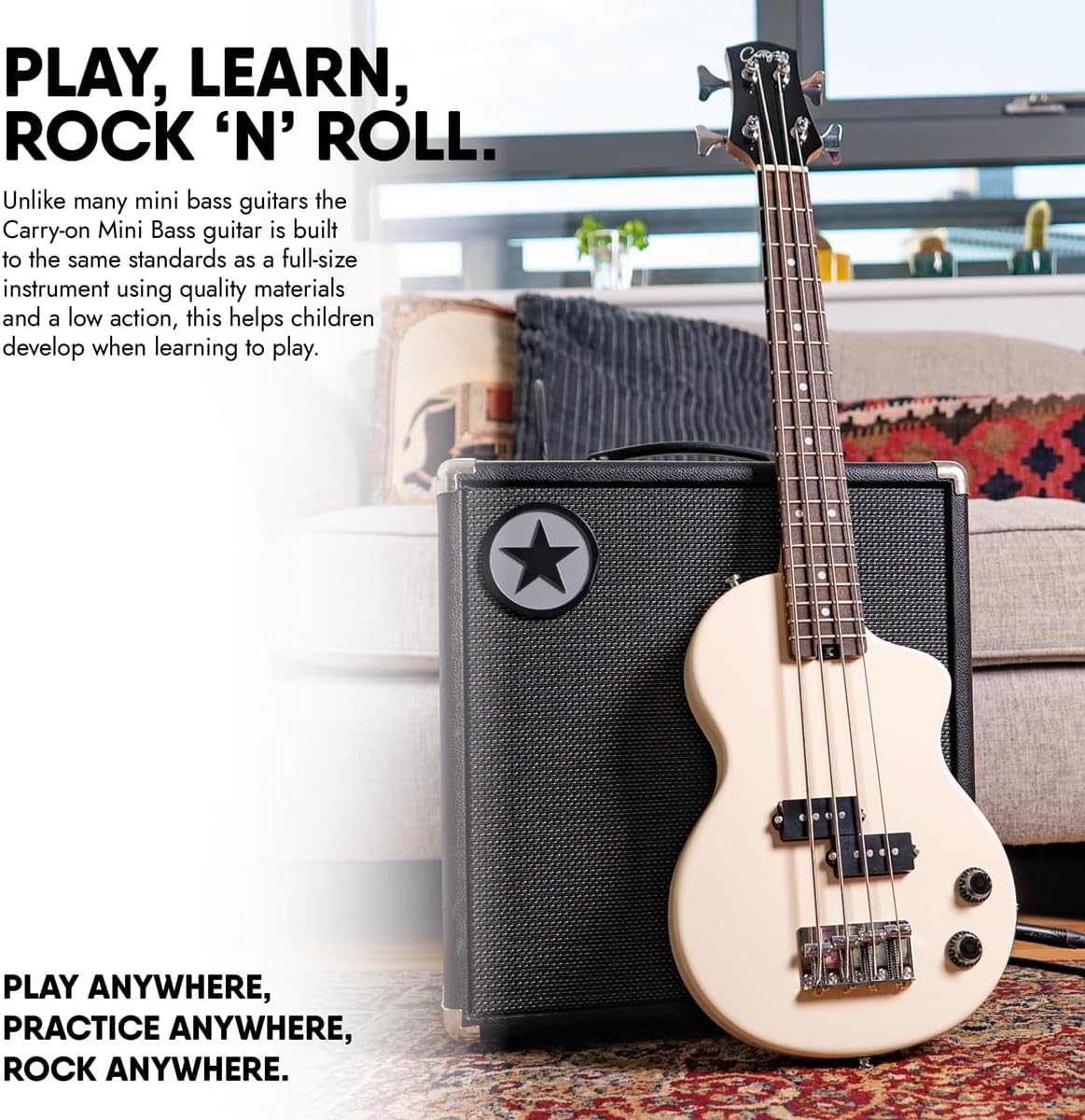 Carry-on By Blackstar Mini Elektrische Basgitaar Vintage Wit Perfect voor Kinderen en Volwassenen, Beginners en Reizen