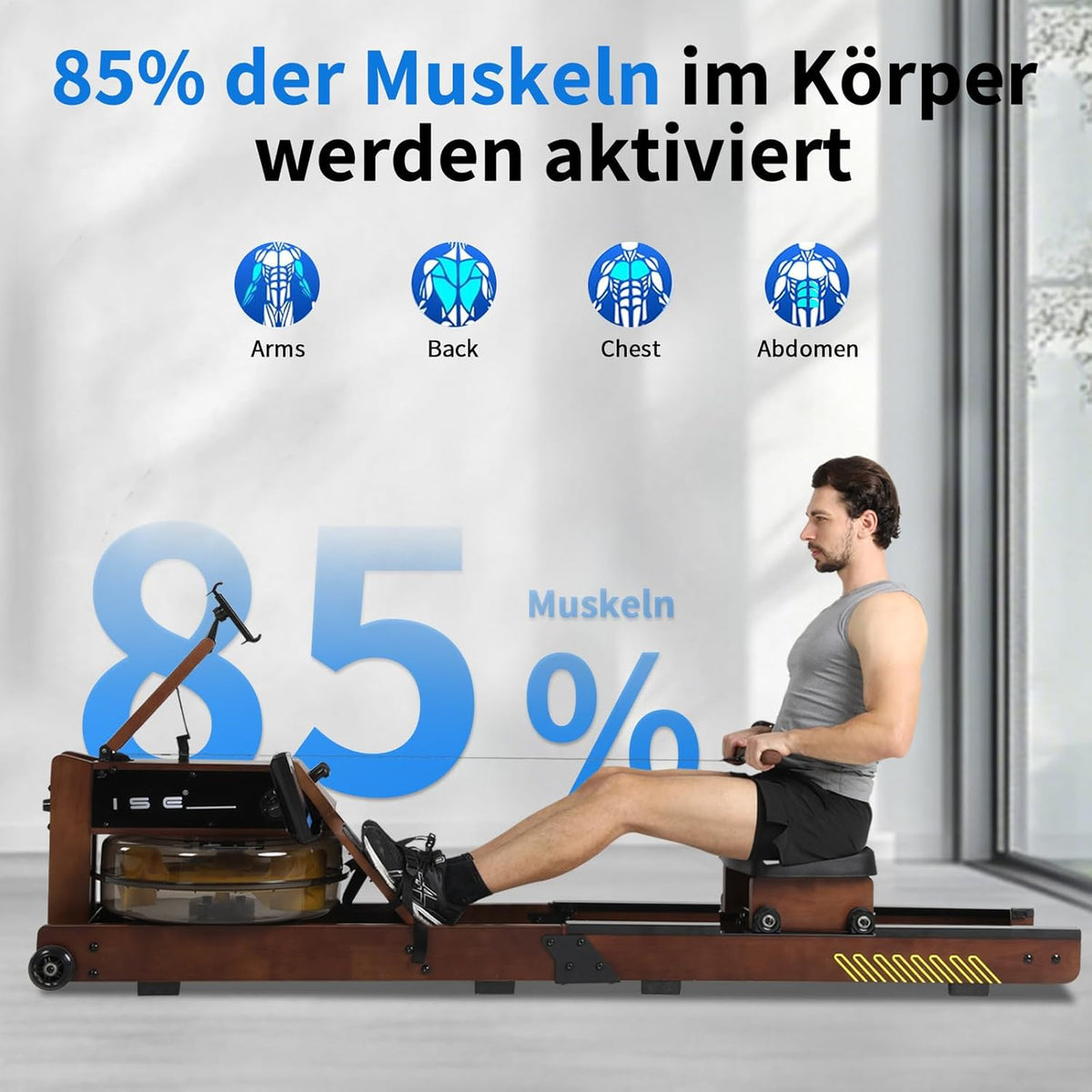 ISE SY-2023 Wood Rowing Machine for Home with LED Display App Compatible with Water Resistance Rowing Machine with Electric Water Pump - QUORE
