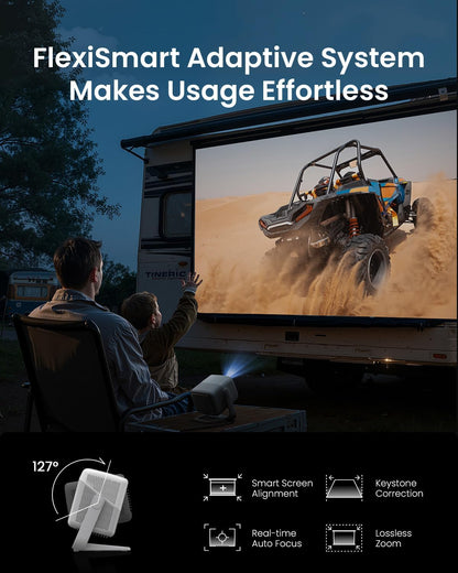 JMGO N1S 4K Mini Projector, Triple Laser, 1100 ISO Lumen, Instant Gimbal Autofocus, Google TV, Netflix, 110% BT.2020, HDR10, 10W Dolby Audio, 3D Blu-ray, 200" voor buiten, gaming en feestjes