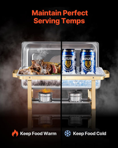 VEVOR Eetverwarmer van roestvrij staal met 4 containers in volledige grootte (elk 7,5 l), rechthoekig, met zichtbaar deksel en waterreservoir voor feestjes, goudkleurig