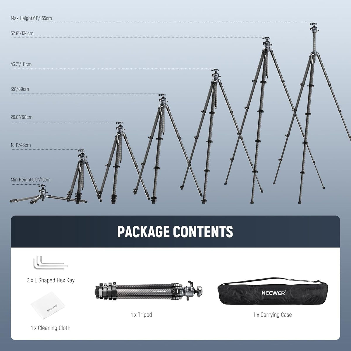 NEEWER LITETRIP LT38 61" reisstatief camera, draagbare standaard van koolstofvezel, 360° kogelkop, Arca type snelkoppelingsplaat compatibel met Peak Design Clip V3, max. belasting 22 lb