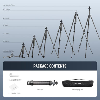 NEEWER LITETRIP LT38 61" reisstatief camera, draagbare standaard van koolstofvezel, 360° kogelkop, Arca type snelkoppelingsplaat compatibel met Peak Design Clip V3, max. belasting 22 lb