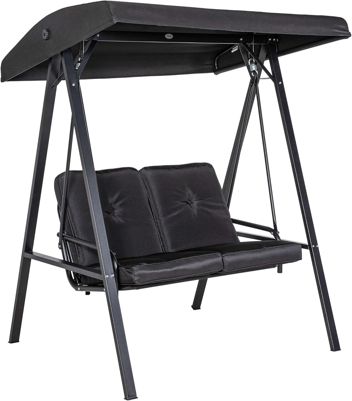 Outsunny Hollywoodschaukel 2-Sitzer Gartenschaukel mit Verstellbarem Dach, Kissen, Schaukelbank bis 220 kg Load Bar, für Garten, Balcony, Schwarz, 145 x 116 x 172 cm - QUORE
