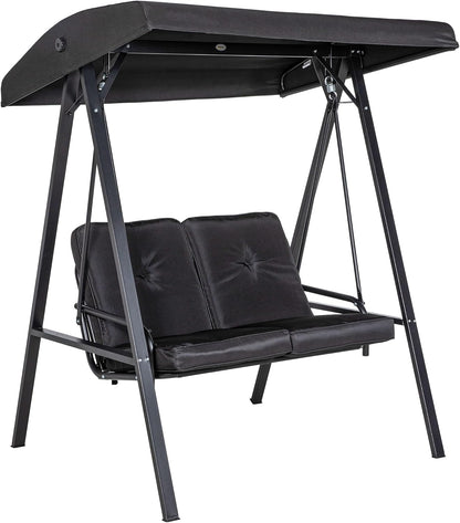 Outsunny Hollywoodschaukel 2-Sitzer Gartenschaukel mit Verstellbarem Dach, Kissen, Schaukelbank bis 220 kg Load Bar, für Garten, Balcony, Schwarz, 145 x 116 x 172 cm - QUORE