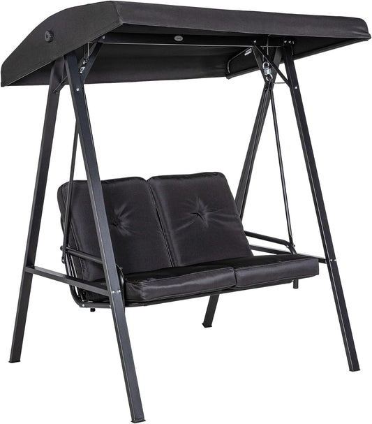 Outsunny Hollywoodschaukel 2-Sitzer Gartenschaukel mit Verstellbarem Dach, Kissen, Schaukelbank bis 220 kg Load Bar, für Garten, Balcony, Schwarz, 145 x 116 x 172 cm - QUORE