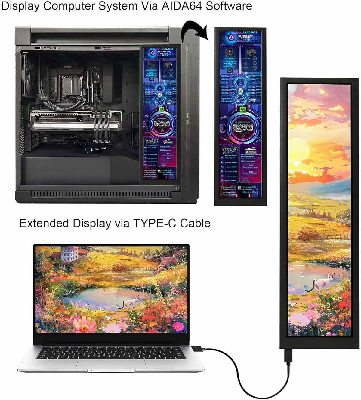 VSDISPLAY Zwart 8.8 inch 1920x480 600 nit IPS Lange Strip LCD-monitor, USB-videopoort, voor DIY Subscherm/PC Case Display
