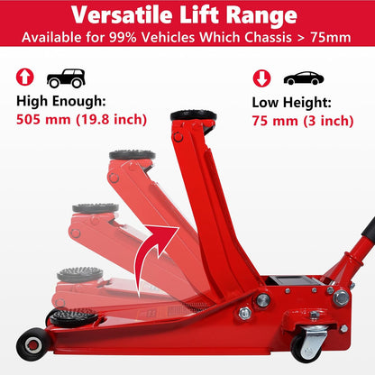 HYCHIKA Stalen racetrolley, krik, met dubbele zuiger, snelheffingspomp, capaciteit van 3 ton, hefbereik 7,6-46,5 cm