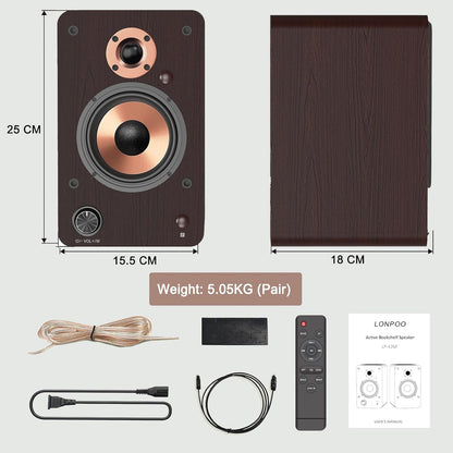 LONPOO Actieve plankluidspreker, 100 W RMS luidsprekermonitor, studio, aluminium woofer, 4 inch, RCA-connectiviteit, optisch, coaxiaal, Bluetooth 5.3, USB, AUX-in voor tv, pc en platenspeler (LP42M)