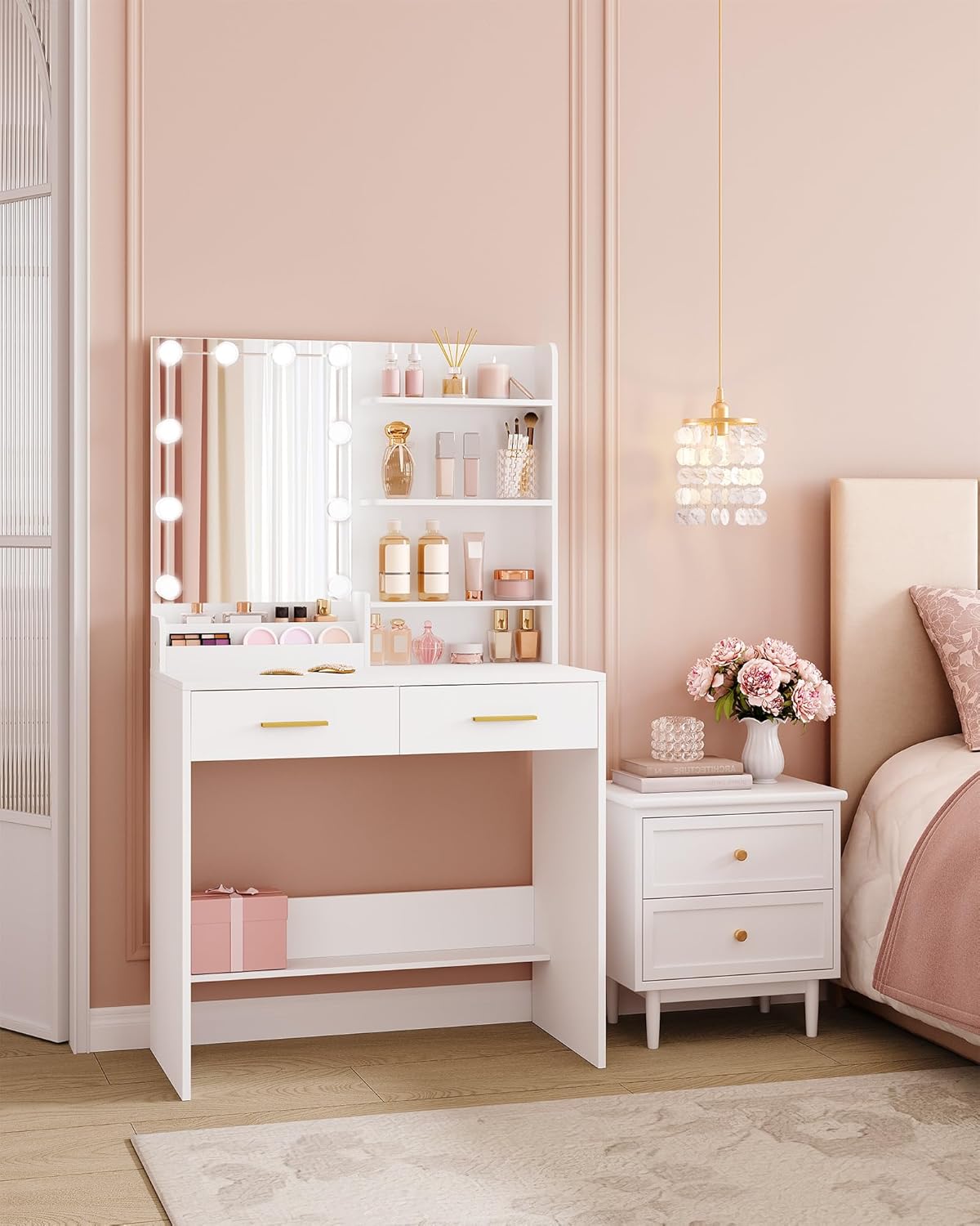Hzuaneri Dressing Table with Mirror and 10 LED Lighting, Makeup Table with 4 Open Storage Shelves and 2 Compartments, Dressing Table with 2 Drawers, for Bedroom, Living Room, White DT39203XV1