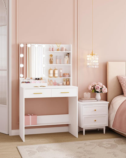 Hzuaneri Dressing Table with Mirror and 10 LED Lighting, Makeup Table with 4 Open Storage Shelves and 2 Compartments, Dressing Table with 2 Drawers, for Bedroom, Living Room, White DT39203XV1