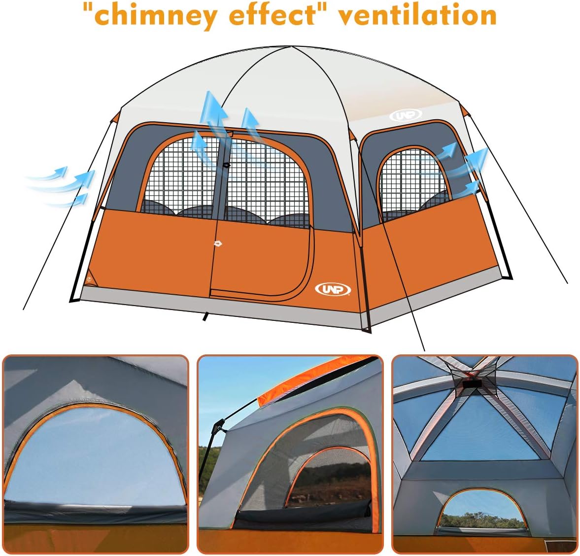 UNP Tenten voor 6 personen, waterdicht, winddicht, eenvoudige montage, dubbellaagse familie-campingtent met 1 netdeur en 5 grote netramen, 3 m x 2,9 m x 2,9 cm x 2,9 cm (H)
