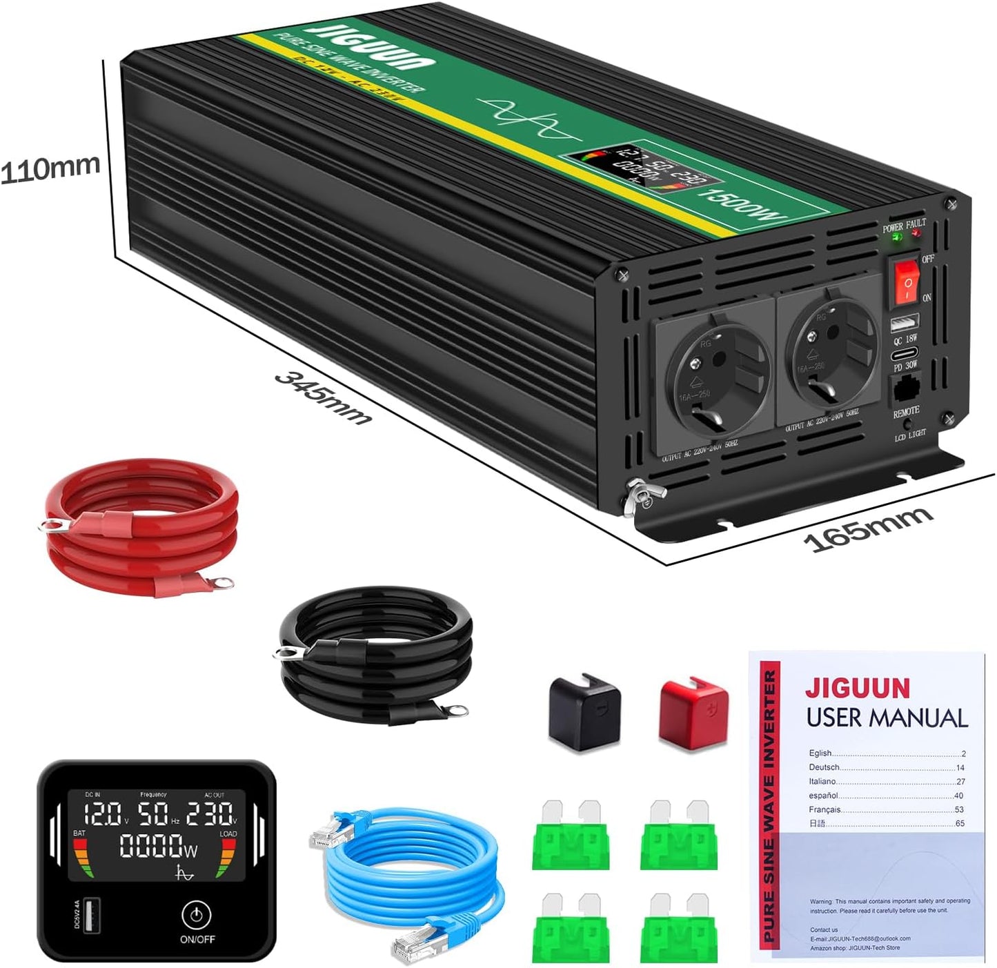 JIGUUN 1500W/3000W omvormer 12v naar 230v zuivere sinus Converter power inverter met afstandsbediening LCD-scherm 2 Eu-stopcontact & 1 USB-poort voor auto, camping, reizen,noodgeval