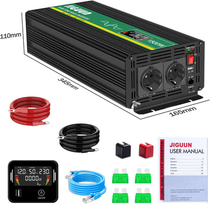 JIGUUN 1500W/3000W omvormer 12v naar 230v zuivere sinus Converter power inverter met afstandsbediening LCD-scherm 2 Eu-stopcontact & 1 USB-poort voor auto, camping, reizen,noodgeval