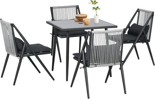 Outsunny Garden Set 5-Piece Garden Furniture Set, Balcony Furniture Set with 1 Table, 4 Chairs, Garden Set with Umbrella Hole, for Balcony, Patio, Polyester, Dark Grey - QUORE