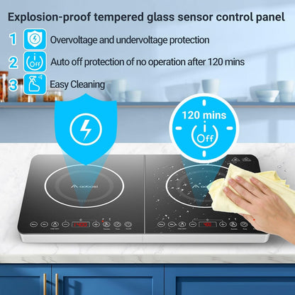Aobosi Inductiekookplaat, dubbele inductiekookplaat, draagbare kookplaat, sensor-touch-bediening en kristalglasplaat, 3500 watt, timerfunctie