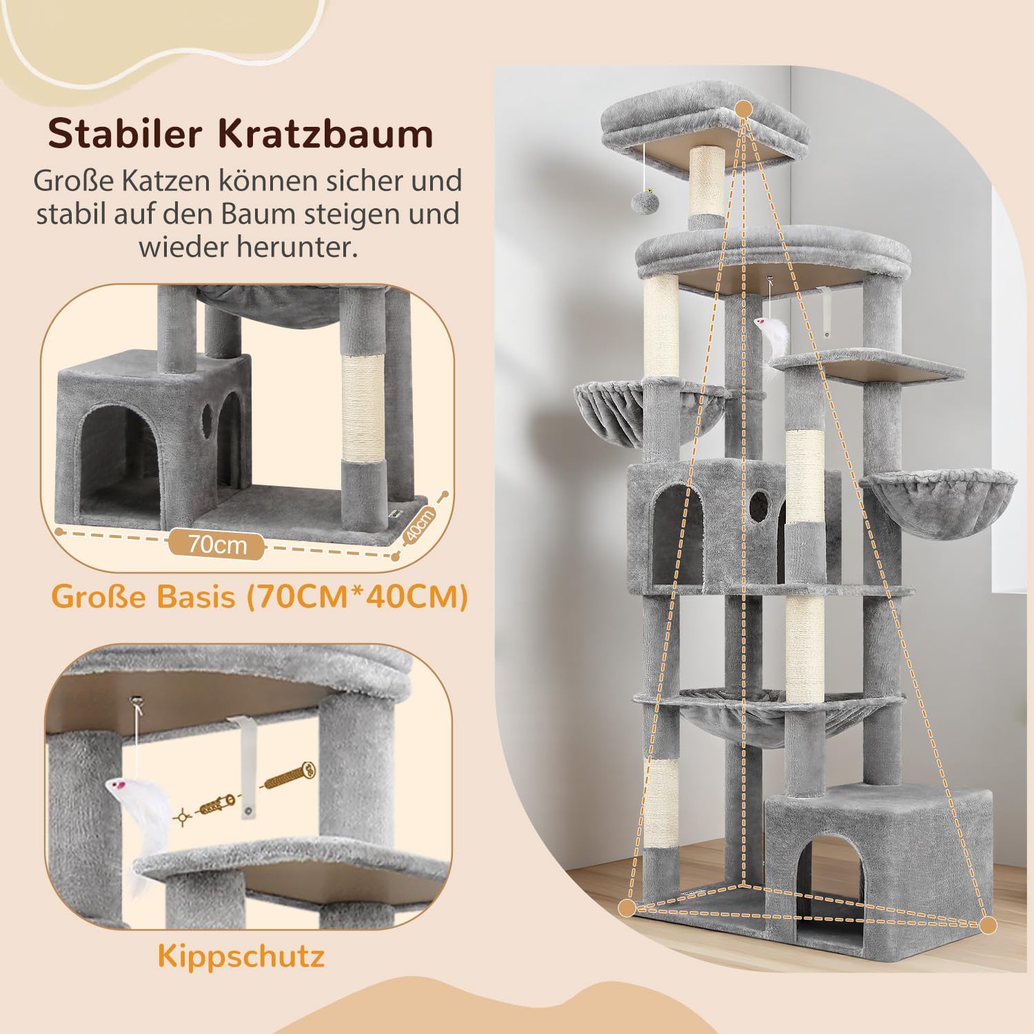 Globlazer cat tree xxl 194cm high with 2 Large Cat House, Hammock 50 * 40CM, Platform Lined Large, 2 Basket, Seat Rod, Huge Scratching Post for 3-5 Large Cats Rest Play Indoor (S76B, Light grey) - QUORE