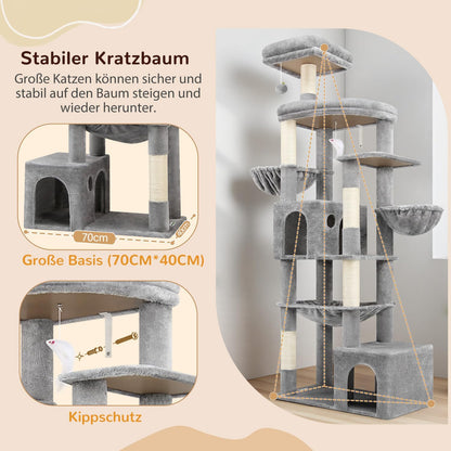 Globlazer cat tree xxl 194cm high with 2 Large Cat House, Hammock 50 * 40CM, Platform Lined Large, 2 Basket, Seat Rod, Huge Scratching Post for 3-5 Large Cats Rest Play Indoor (S76B, Light grey) - QUORE