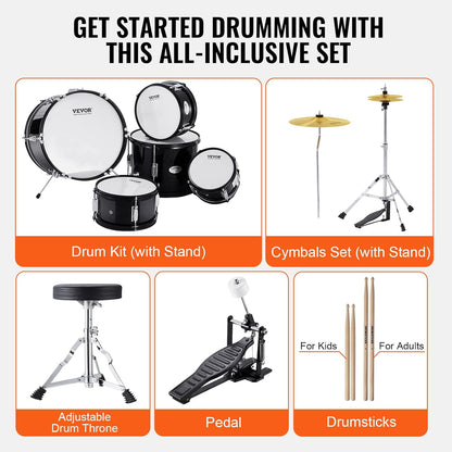 Kinderdrumset – Drumstel Kinderen – Drumset Kinderen – Kinder Drumstel – Junior Drumset – 5-Delig Zwart – Populierenhouten Klankkast – Verstelbare Drumkruk Met 4 Standen