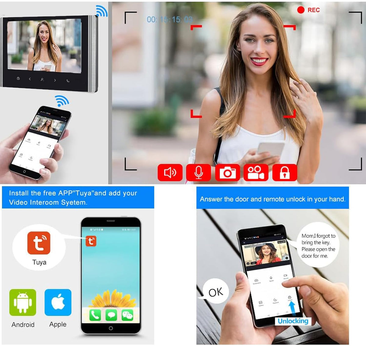 WLAN draadloze video-deurintercom, 1080P buitencamera, 7 inch touchscreen draadloze monitor, PIR bewegingsdetectie, nachtzicht, Tuya APP-bediening (voor 3 gezinnen)